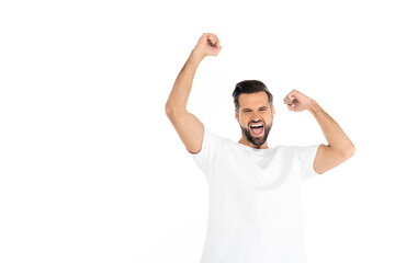 excited man screaming while showing triumph gesture isolated on white.