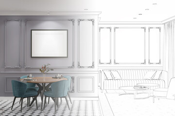 A sketch becomes a real classic apartment with a blank horizontal poster above the served dining table and chairs, a sofa with cushions, an armchair with tables, window with curtains. 3d render