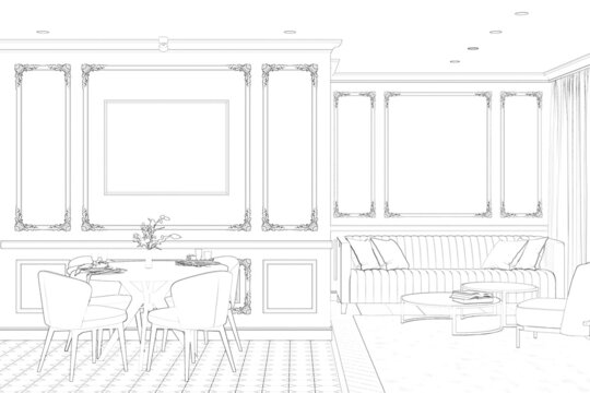 Sketch of the classic apartment with a blank horizontal poster above the served dining table and chairs, a sofa with cushions, an armchair next to the coffee tables, a window with curtains. 3d render