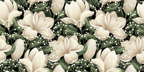 Magnolia flowers seamless pattern, luxury wallpaper, floral background. White gypsophila, dark green leaves. Tropical hand-painted watercolor 3d illustration. Vintage style mural. Digital artwork