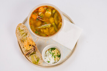 Sturgeon soup and tiger prawn