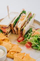 Tasty bread sandwiches and salad on white background