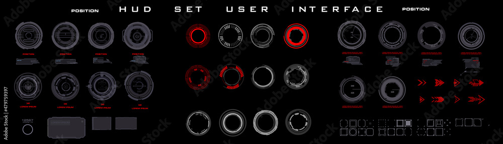 Poster set of gray and red circles futuristic hud elements. targets for navigation. game interfaces and tec