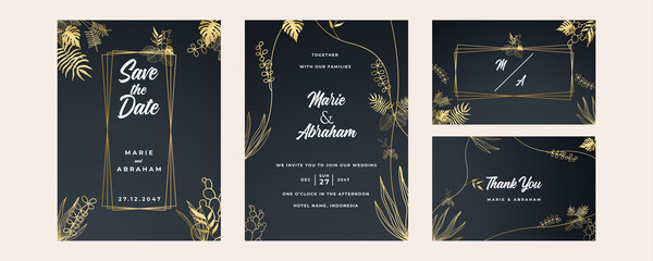 Fototapeta na wymiar Modern elegant golden black wedding invitation design template