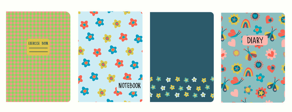 Set of cover page templates based on patterns with hand drawn flowers in Retro 60s, 70s design. Backgrounds for notebooks, notepads, diaries. Headers isolated and replaceable