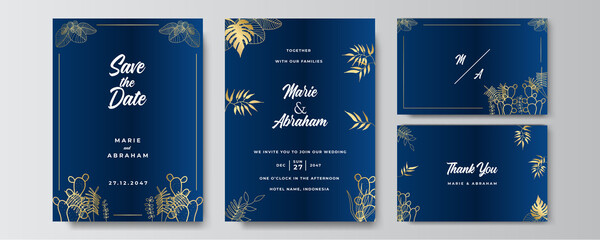 Obraz na płótnie Canvas Modern elegant golden blue wedding invitation design template