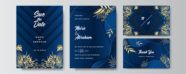 Premium elegant golden blue wedding invitation design template