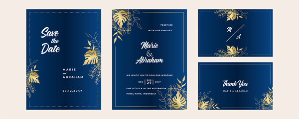 Obraz na płótnie Canvas Premium elegant golden blue wedding invitation design template