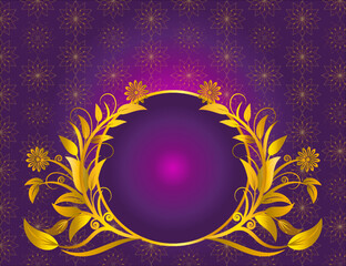 Wedding invitation card vector with golden ornament frame and tree branches on solid and light purple pink color background