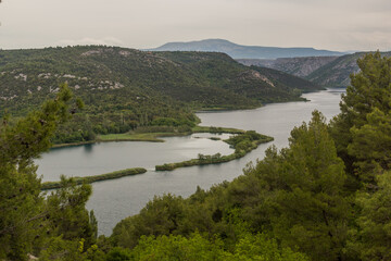 Obraz premium Aerial view of Visovacko jezero lake in Krka national park, Croatia