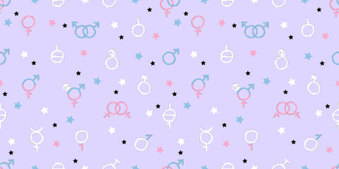 Seamless pattern of gender signs. Various icons of gender identity and sexual orientation. Vector illustration.