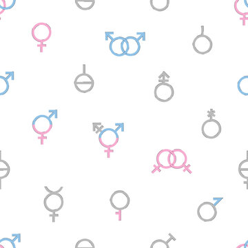Seamless pattern of gender signs. Various icons of gender identity and sexual orientation. Vector illustration.