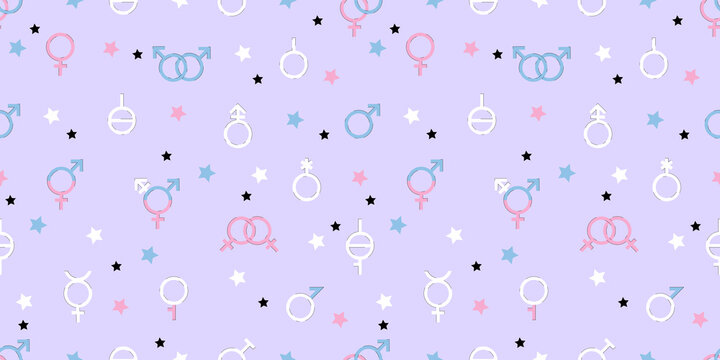 Seamless pattern of gender signs. Various icons of gender identity and sexual orientation. Vector illustration.