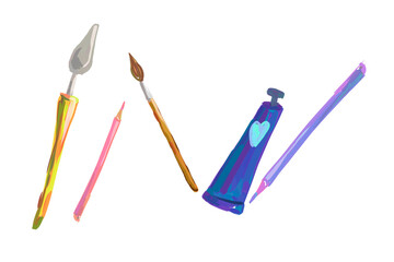 a set of painting tools on a white background