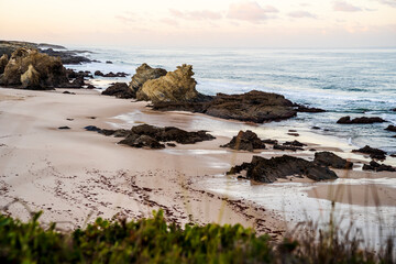 Beautiful landscape and seascape with rock formation in Samoqueira Beach, Alentejo, Portugal