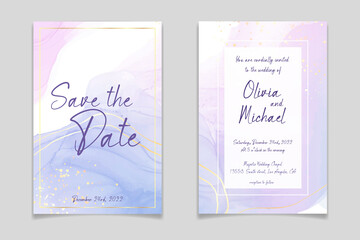 Purple rose and lavender liquid marble background with gold stripes and glitter dust. Pastel pink violet watercolor drawing effect. Vector illustration backdrop with gold splatter for wedding invite