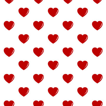Glossy red heart, seamless pattern. Hand drawn flat cartoon vector illustration isolated on white background.	