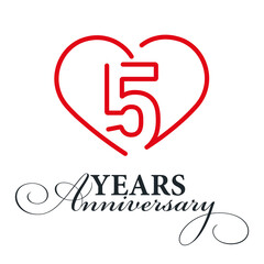 Obraz premium 5 years anniversary celebration number five bounded by a loving heart red modern love line design logo icon white background