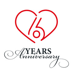 6 years anniversary celebration number six bounded by a loving heart red modern love line design logo icon white background