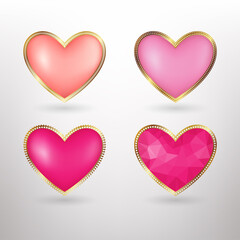 Vector pink heart vector with gold  icons set on white background. Vector 3D illustration.