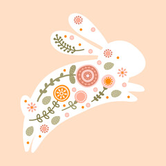 Illustration easter rabbit character in warm pastel colors. Cute spring silhouette bunny with flower. Vector