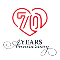 70 years anniversary celebration number seventy bounded by a loving heart red modern love line design logo icon white background
