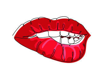 Sexy woman's red lips. One continuous line drawing. Vector illustration