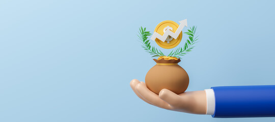 Make a profit with interest, growing Money, plant and coins in bag on the blue background, finance and investment concept, saving money and loan for business investment concept, 3d rendering - obrazy, fototapety, plakaty