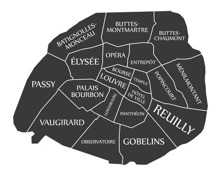 Paris city map labelled black illustration