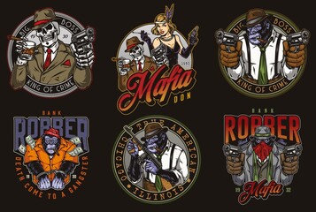 Collection of mafia characters badges - obrazy, fototapety, plakaty