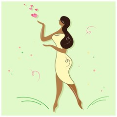 Obraz na płótnie Canvas African American graceful woman holding hearts. Silhouette of a cute girl who give love. Isolated vector character on green background. Cute fabulous image for your stylish design.