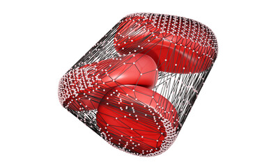 Blood clotting or blood transfusion, blood platelets formatting a blood clot within a net of platelets and fibrin, technical visualization on black background, 3d illustration