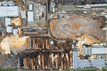 Deforestation of Russia, environmental problems, sawdust, dirt, drone flight