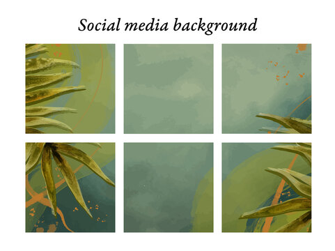 Plantillas de diseño para publicaciones en redes sociales con motivos de naturaleza. Hojas de palmera de acuarela en tonos verdes y toques dorados, con espacio para texto e imágenes
