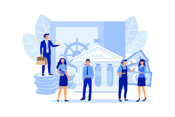 Obraz premium closed bank safe, dollars in a deposit box and a cash bag, safe savings, a money deposit, bank employees, investing money on an account flat vector illustration 