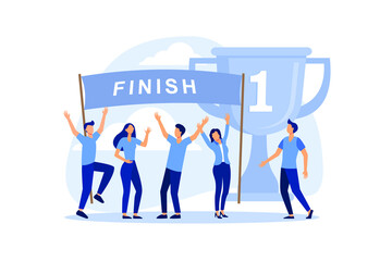 concept of success, reach the goal, come first to the finish line, take the leadership positions, celebrate the victory, the first place with the medal and the gold cup flat vector illustration 