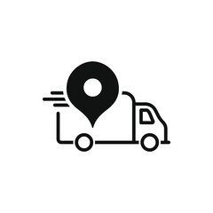A truck with maps pin. Delivery location icon design isolated on white background. Vector illustration