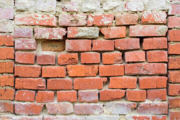 Background Of Old Vintage Dirty Brick Wall With Peeling Plaster, Texture. Shabby Building Facade With Damaged Plaster. Abstract Web Banner. Copy Space.