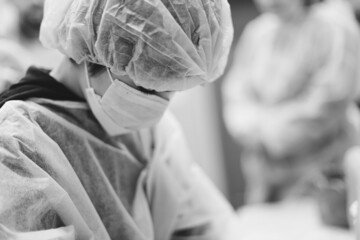 doctor in the operating room. black and white photo