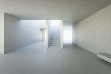 Abstract interior design 3D rendering of modern showroom. Empty floor for car park and concrete corridor background.