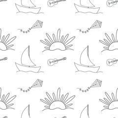Vector seamless pattern on the summer weekends topic with outline illustrations: sailboat, sun, kite, guitar. For background, colouring, print.