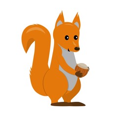 funny smiling standing squirrel from side with nut isolated on white background, cute vector illustration for kids