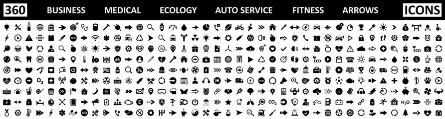 Set of icons, mega collection 360 icons. Business, fitness, medicals, sport, ecology, food, autoservice, finance, arrows. Vector.