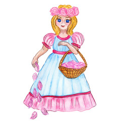 Flower Girl with a basket scattering petals. Little flowergirl with blue eyes, rose wreath on golden hair. Pink and blue princess dress. Hand drawn watercolor wedding illustration for greeting card.