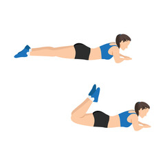 Woman doing Hamstring leg curl exercise. flat vector illustration isolated on white background