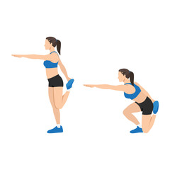 Woman doing Shrimp squat exercise. Flat vector illustration isolated on white background - obrazy, fototapety, plakaty