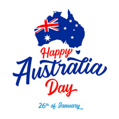 Obraz na płótnie Canvas Happy Australia Day lettering. Australian map with flag and text. Vector illustration. Isolated abstract graphic design template.