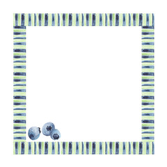 Watercolor colored square frame on a striped transparent background with blueberries. Decorative ethnic motives. Boho style ornament illustration.