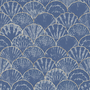 Watercolor sea shell seamless pattern. Hand drawn seashells texture vintage ocean background
