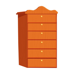 Nightstand wooden furniture, wood wardrobe in cartoon style isolated on white background. Vintage interior commode with shelves. 
